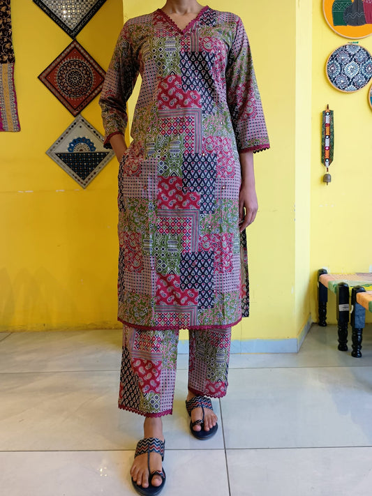 "Diksha" Printed patch work kurti pant set