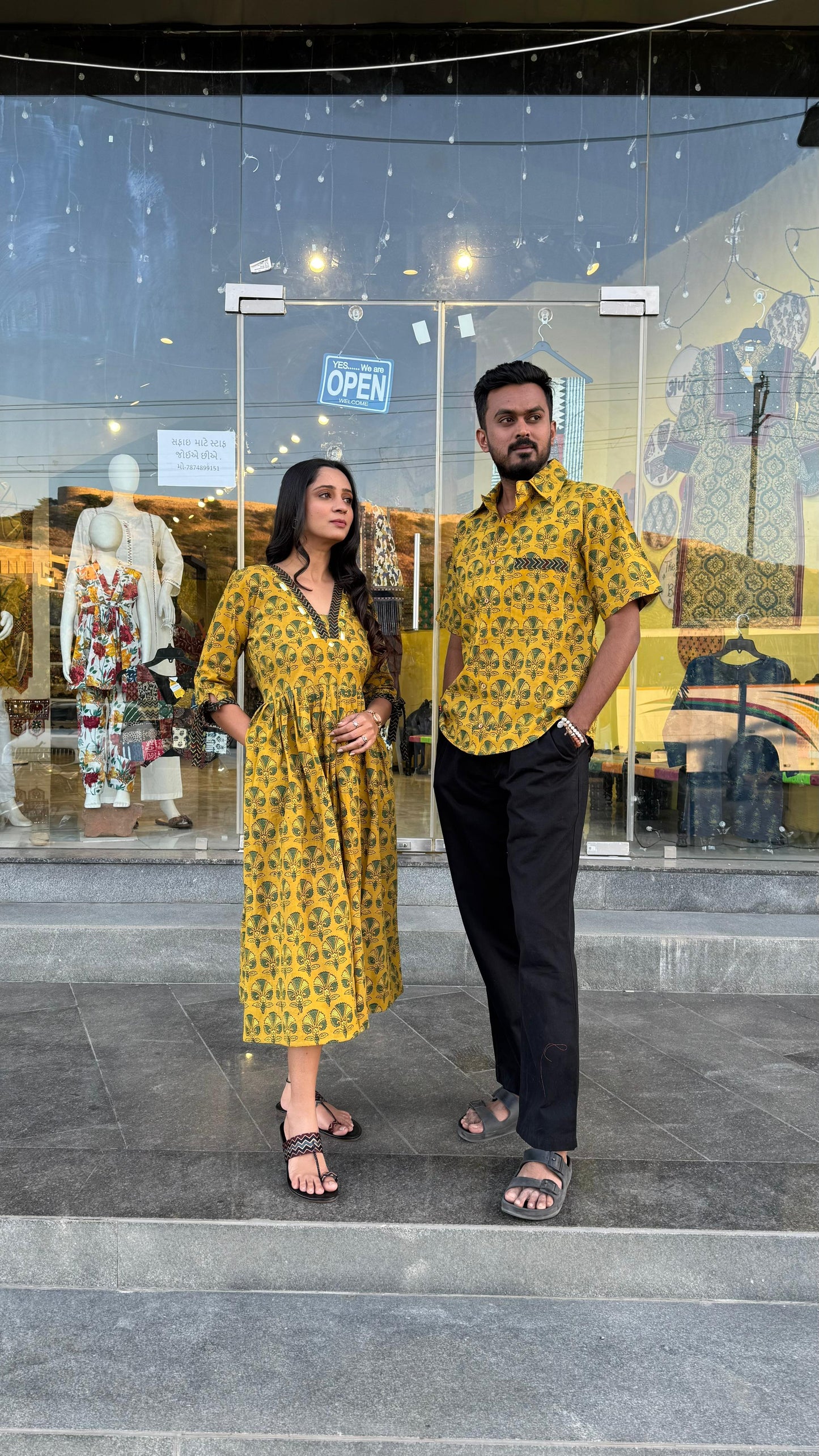 "Couple twinning "Natural cotton kurti with matching cotton shirt combo outfit