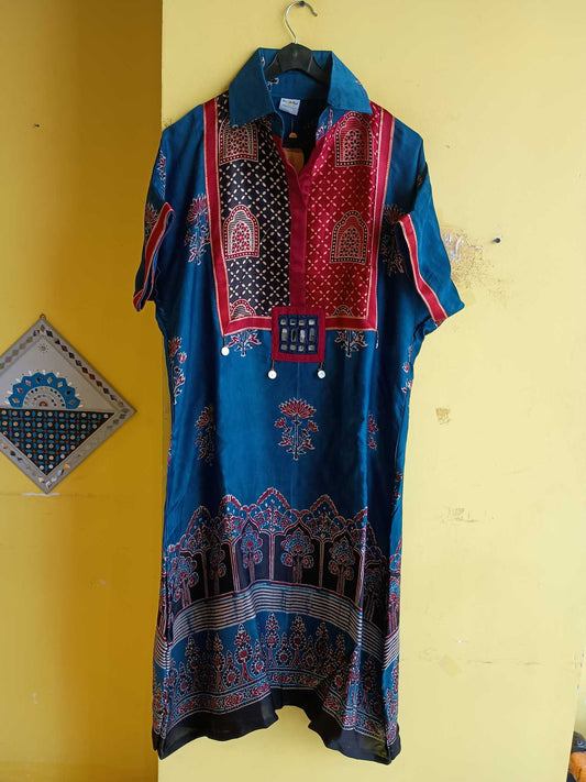"Advika"New ajrakh print modal silk kaftan style kurti