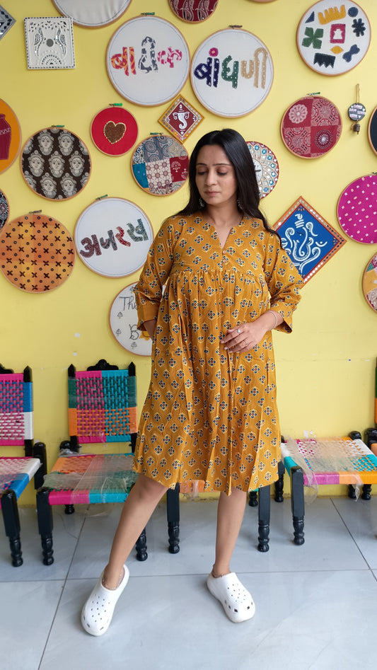 "Ridham" Mustard Semi Natural frock style short kurti