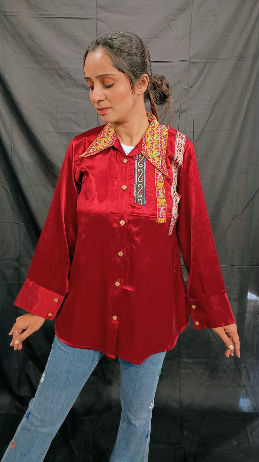 "EMI" PLAIN MASHRU EMBRODERY WORK SHIRT