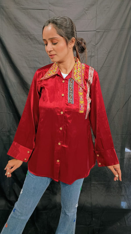 "EMI" PLAIN MASHRU EMBRODERY WORK SHIRT
