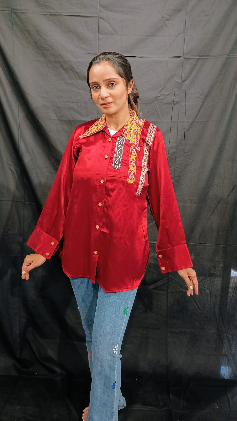 "EMI" PLAIN MASHRU EMBRODERY WORK SHIRT