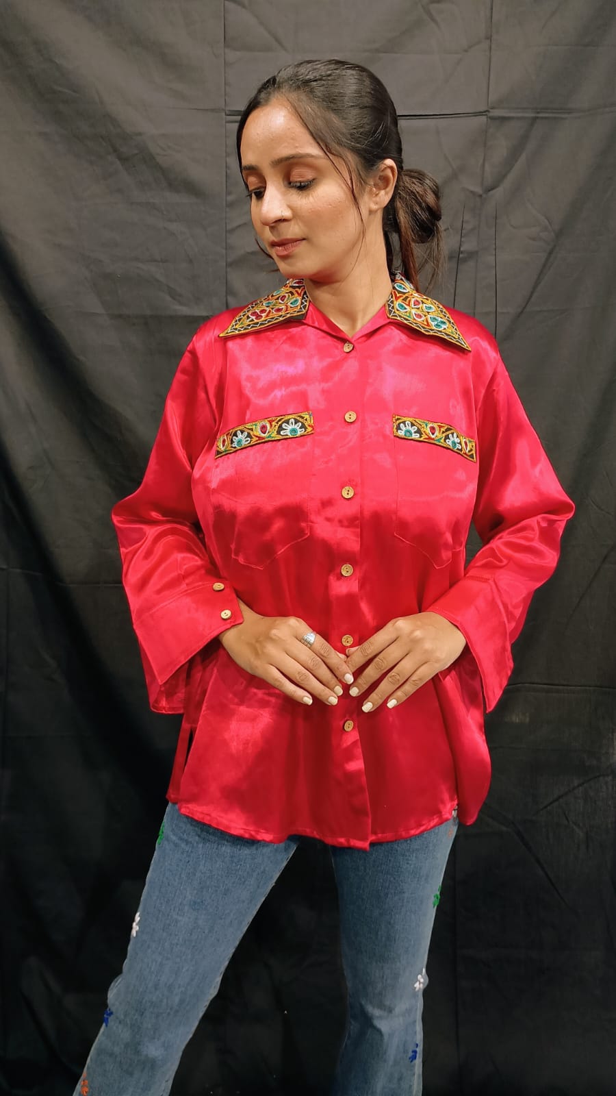 "EMI" PLAIN MASHRU PINK WOMEN SHIRT