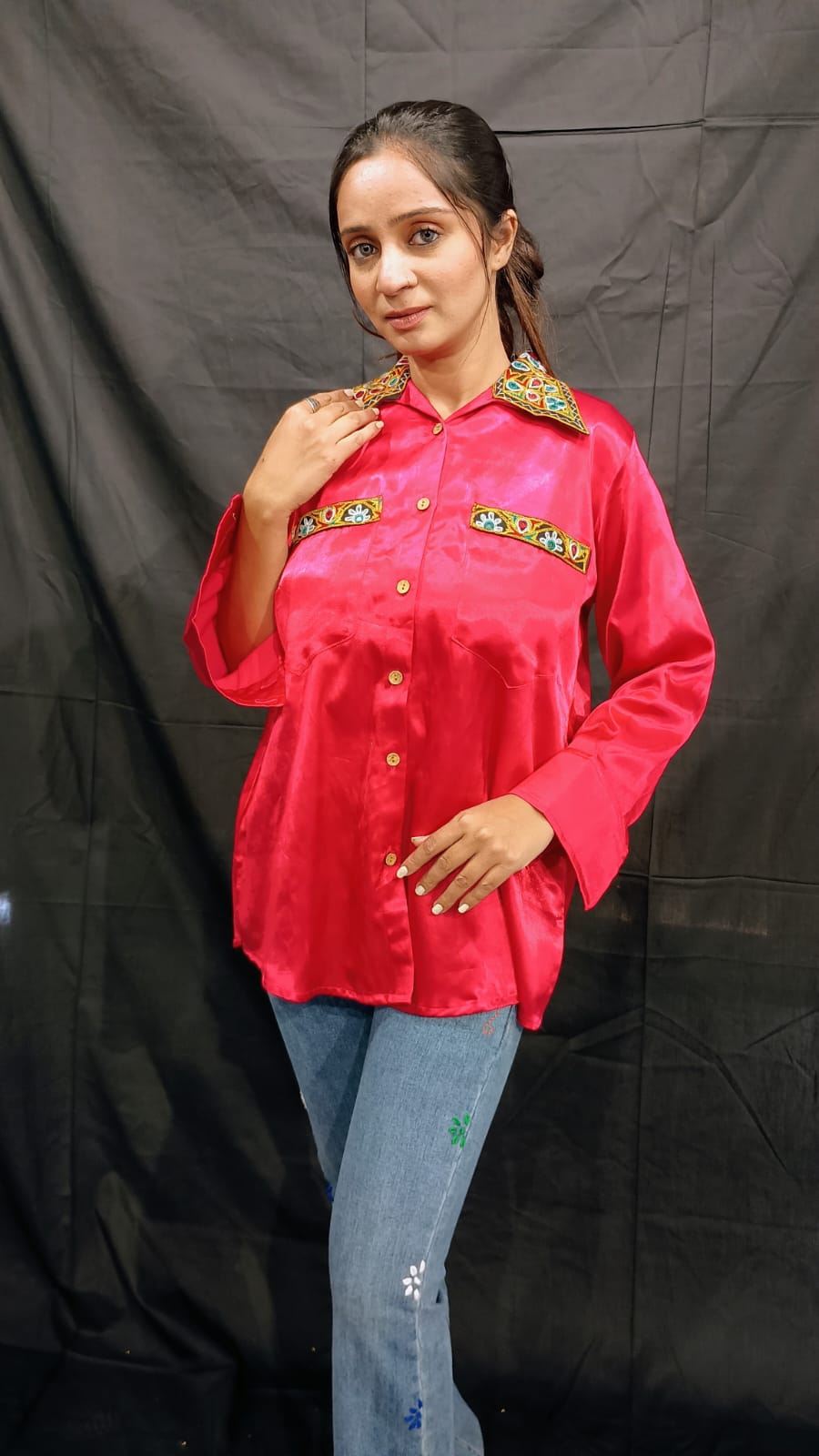 "EMI" PLAIN MASHRU PINK WOMEN SHIRT