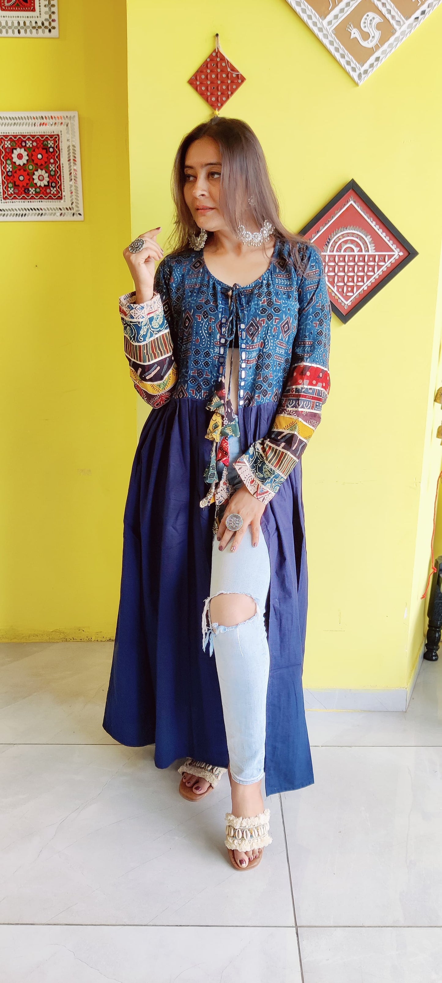 "Ishani"Blue natural cotton long mirror work jacket