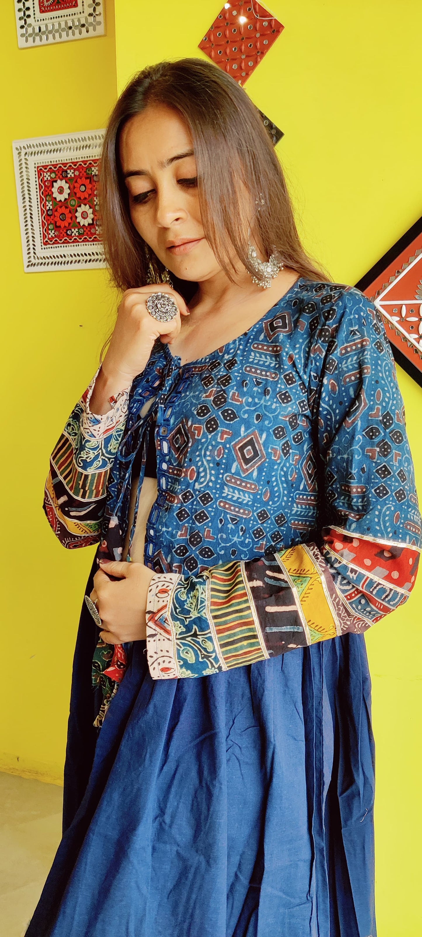 "Ishani"Blue natural cotton long mirror work jacket