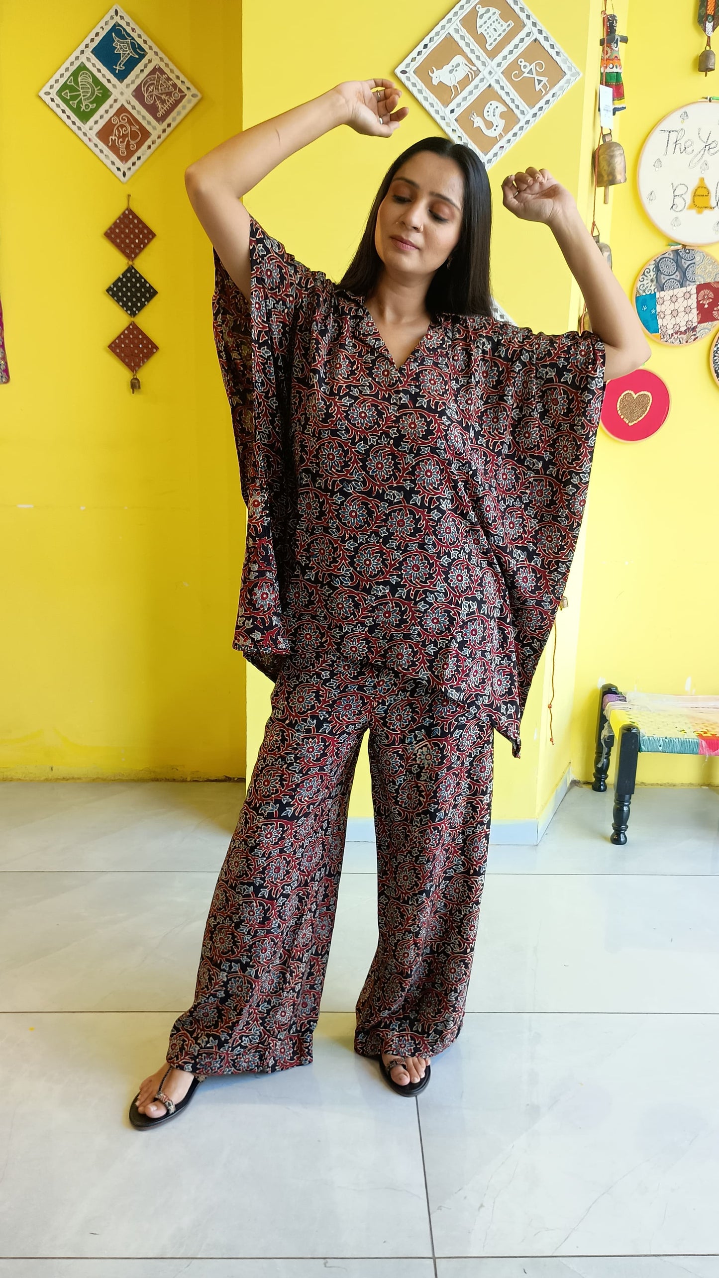 ''Nikita'' natural rayon kaftan style co-ord set