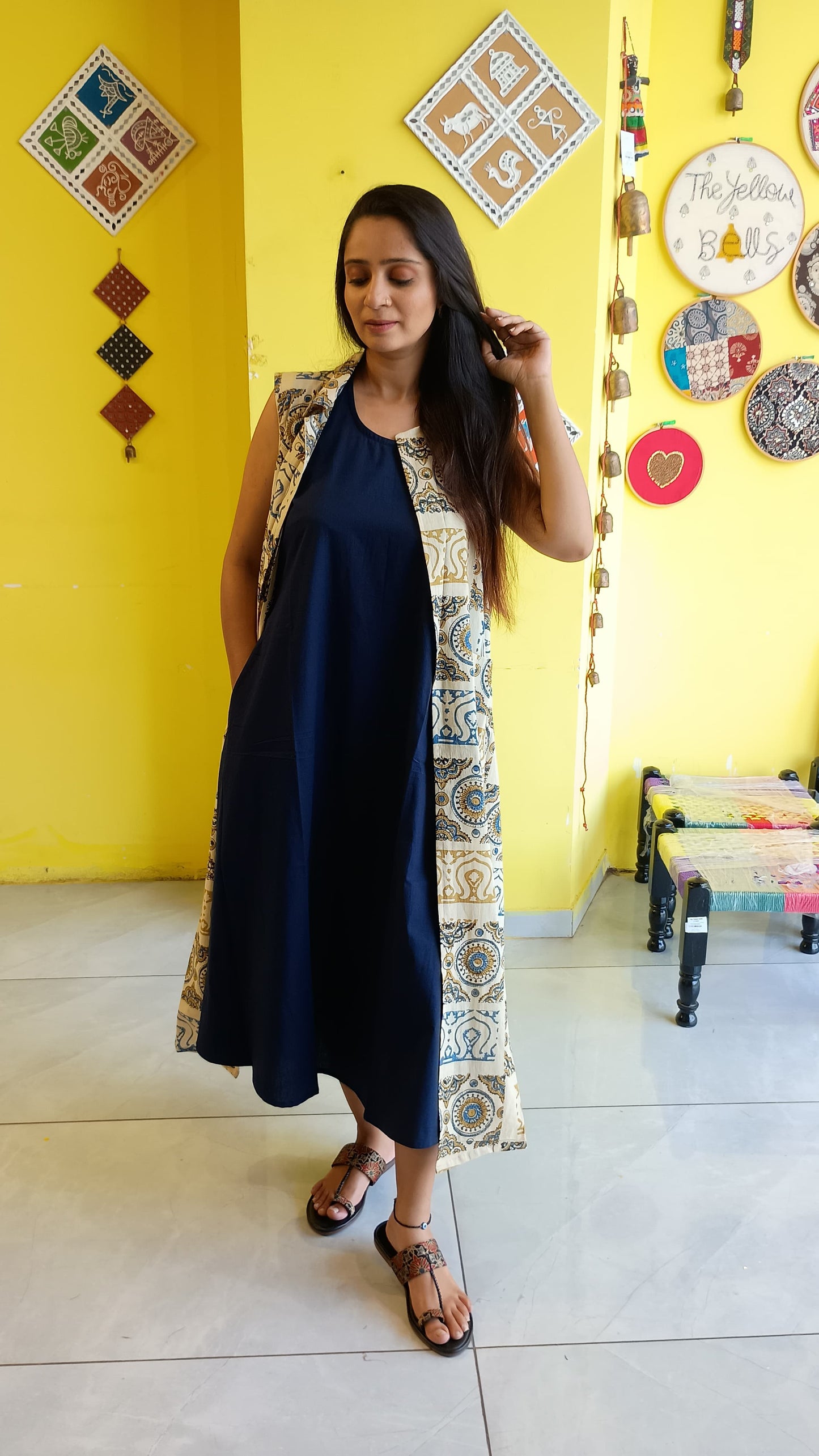 ''Preeta'' plain cotton kurti with natural handblock cotton jacket set