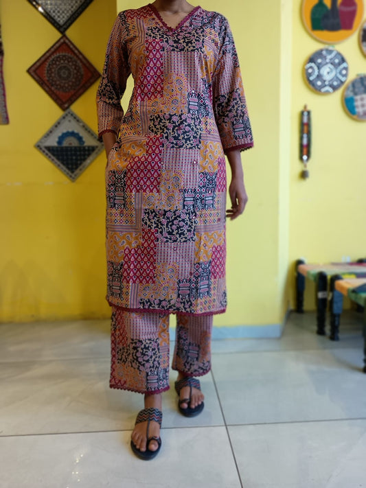 "Diksha" Printed patch work kurti pant set with mirror work