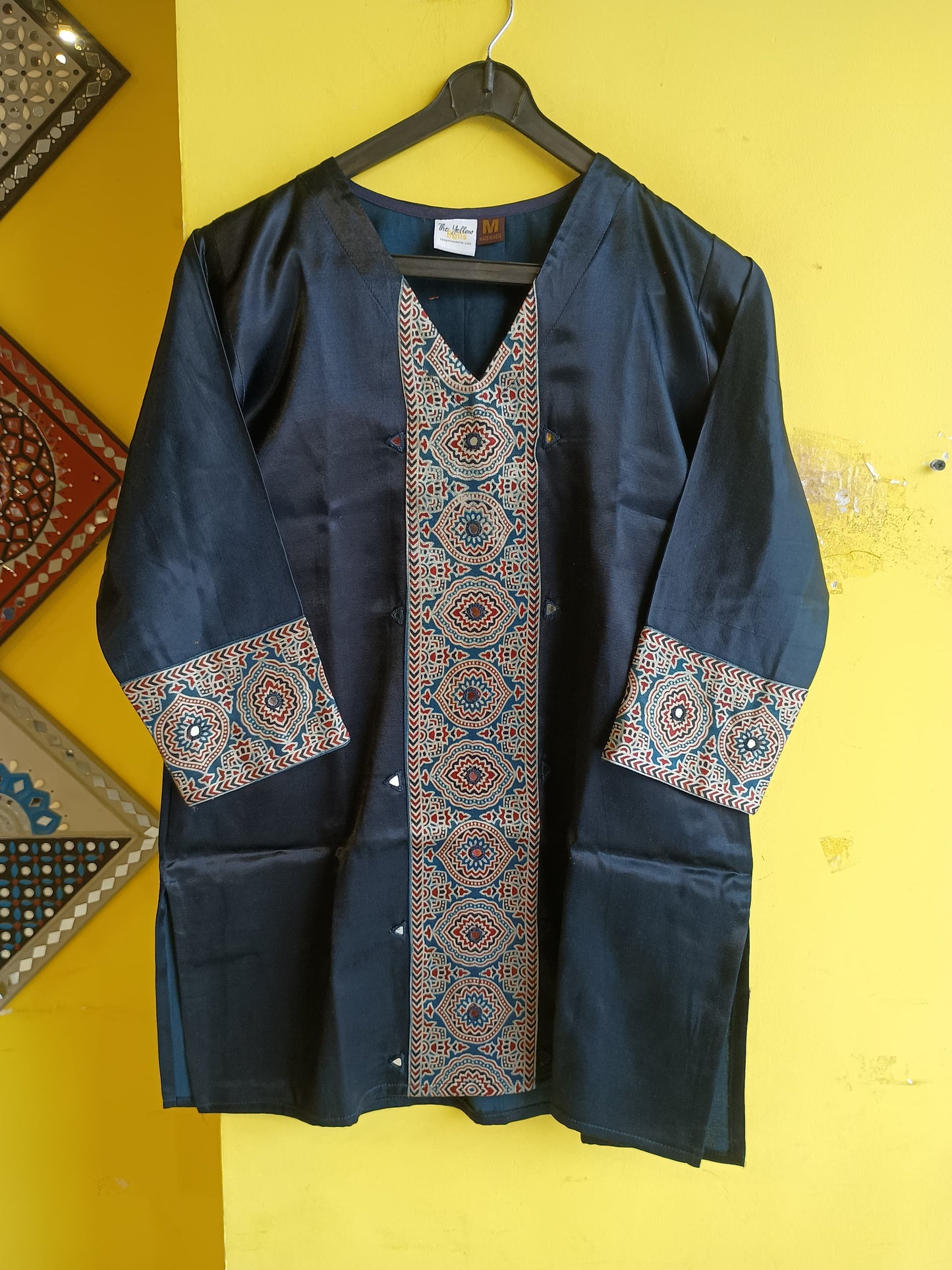 "Ridhi" Blue Mashru mirror work v neck short top