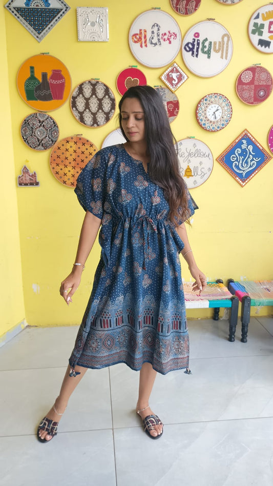 "Krishnavi"Blue Natural handblock cotton free size kaftan