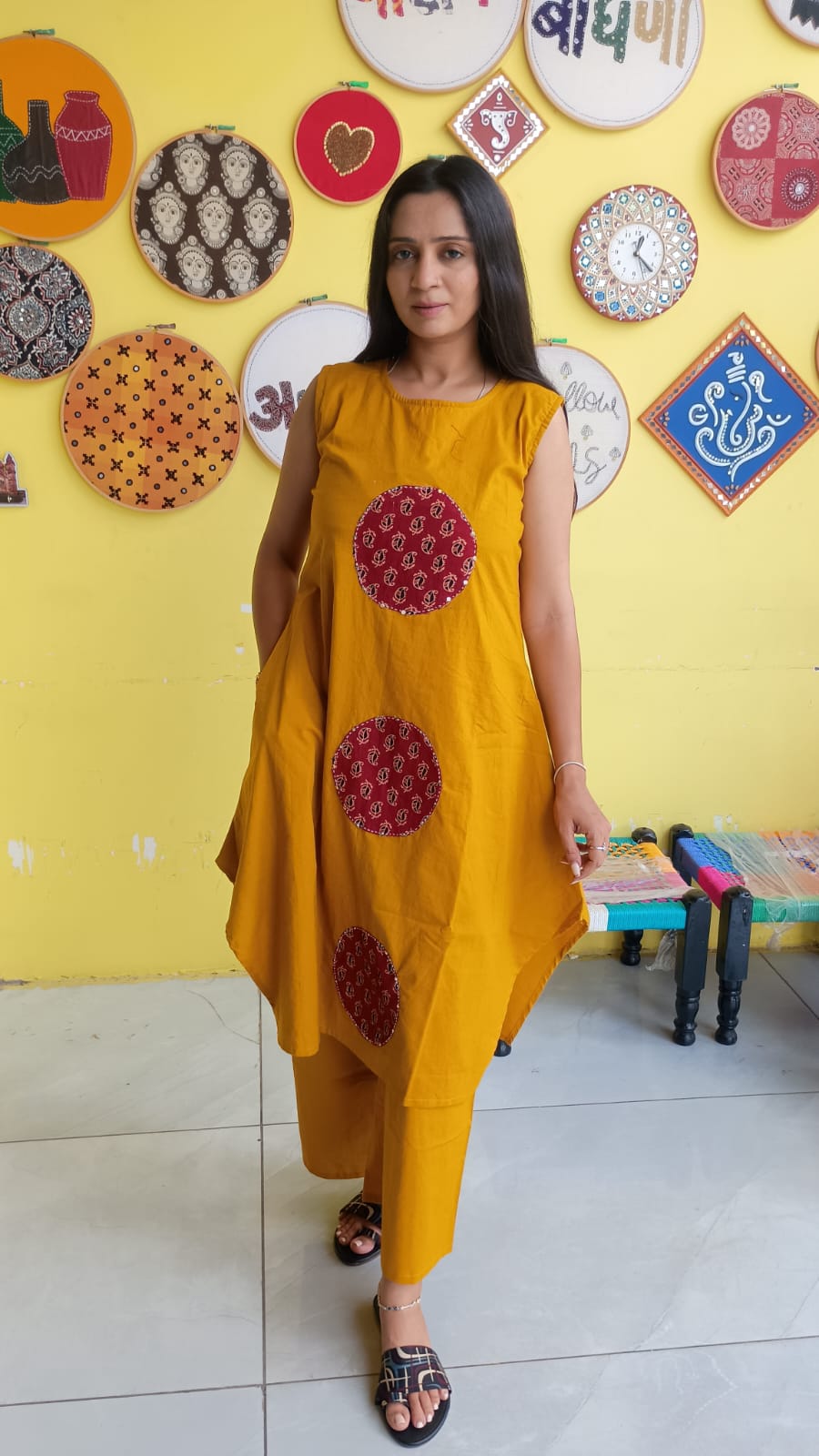 "Pragya" Mustard Plain patch work new co-ord set