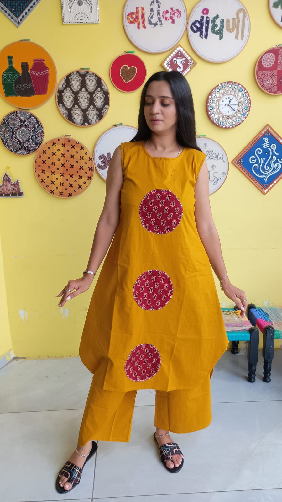 "Pragya" Mustard Plain patch work new co-ord set