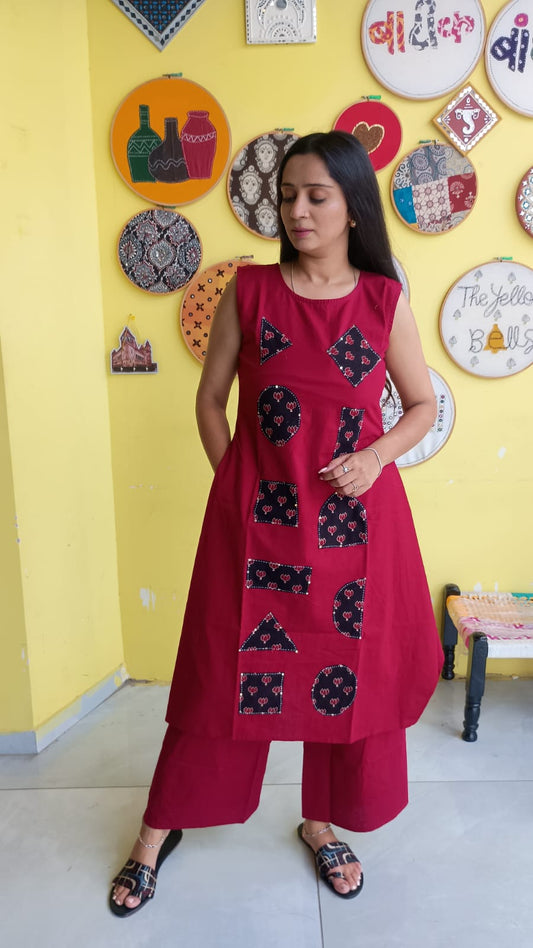 "Pragya" Maroon Plain patch work new co-ord set