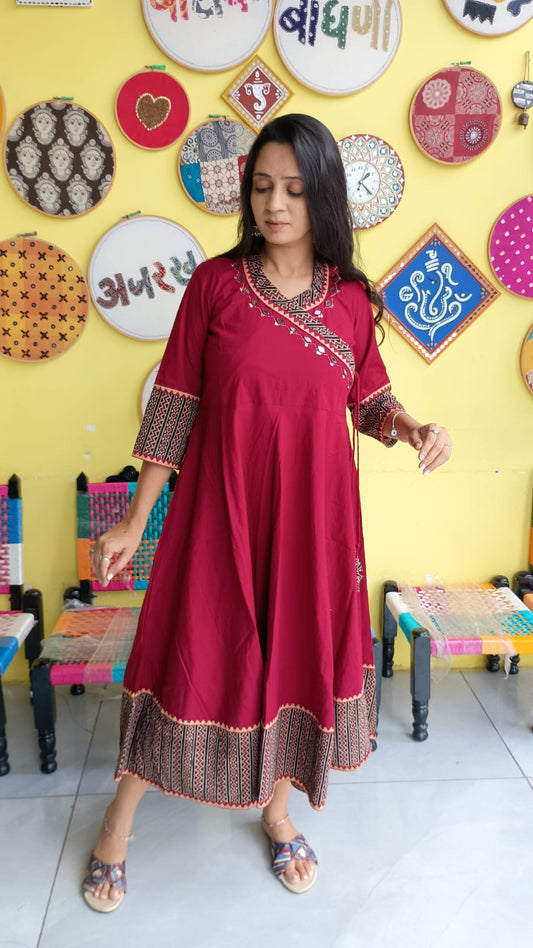 "Nish"New plain cotton kedia style mirror work long kurti