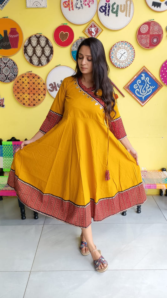 "Nish"Mustard yellowb plain cotton kedia style mirror work long kurti