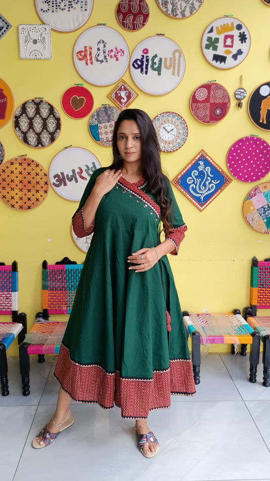 "Nish"Green plain cotton kedia style kurti