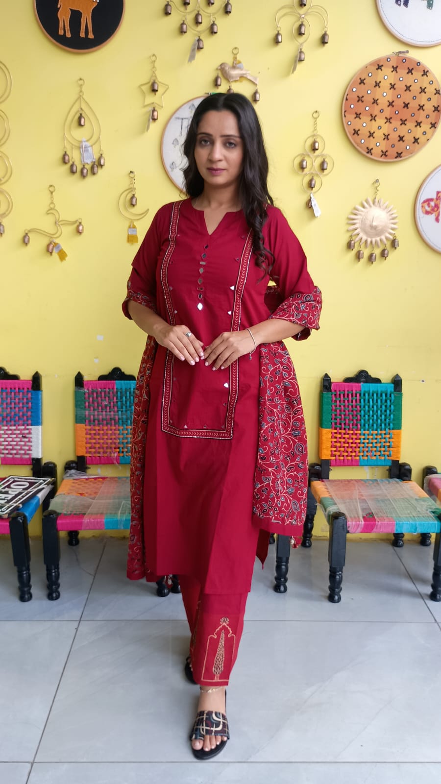 "Anika"Plain cotton mirror work kurti pant set with natural cotton dupatta