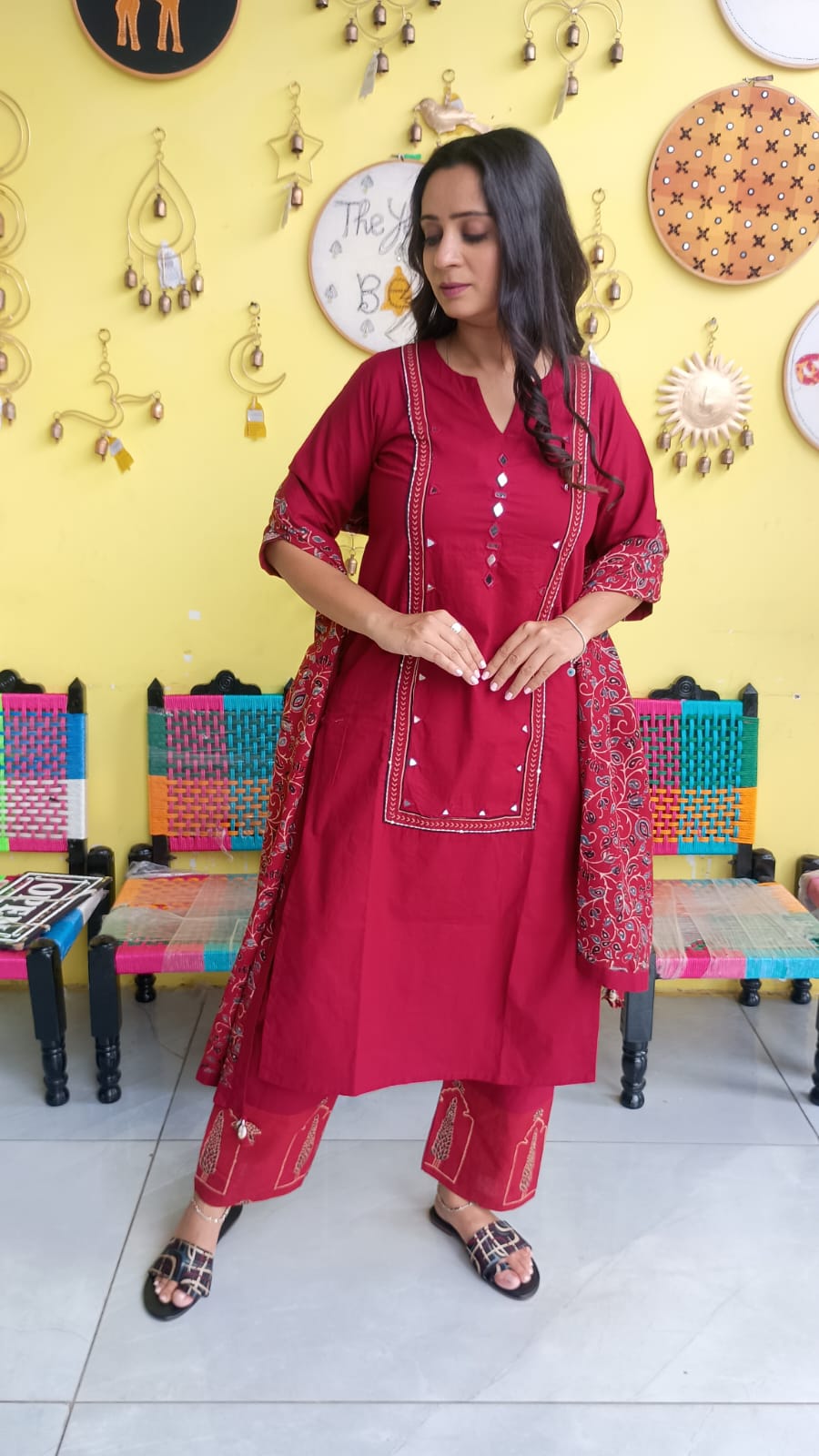 "Anika"Plain cotton mirror work kurti pant set with natural cotton dupatta