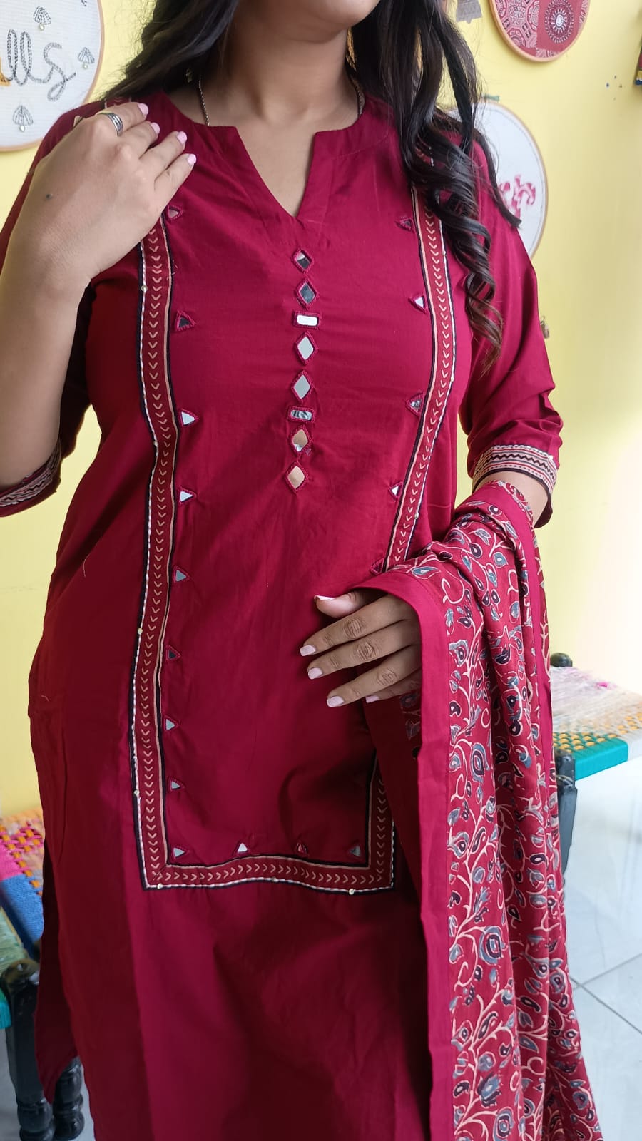 "Anika"Plain cotton mirror work kurti pant set with natural cotton dupatta