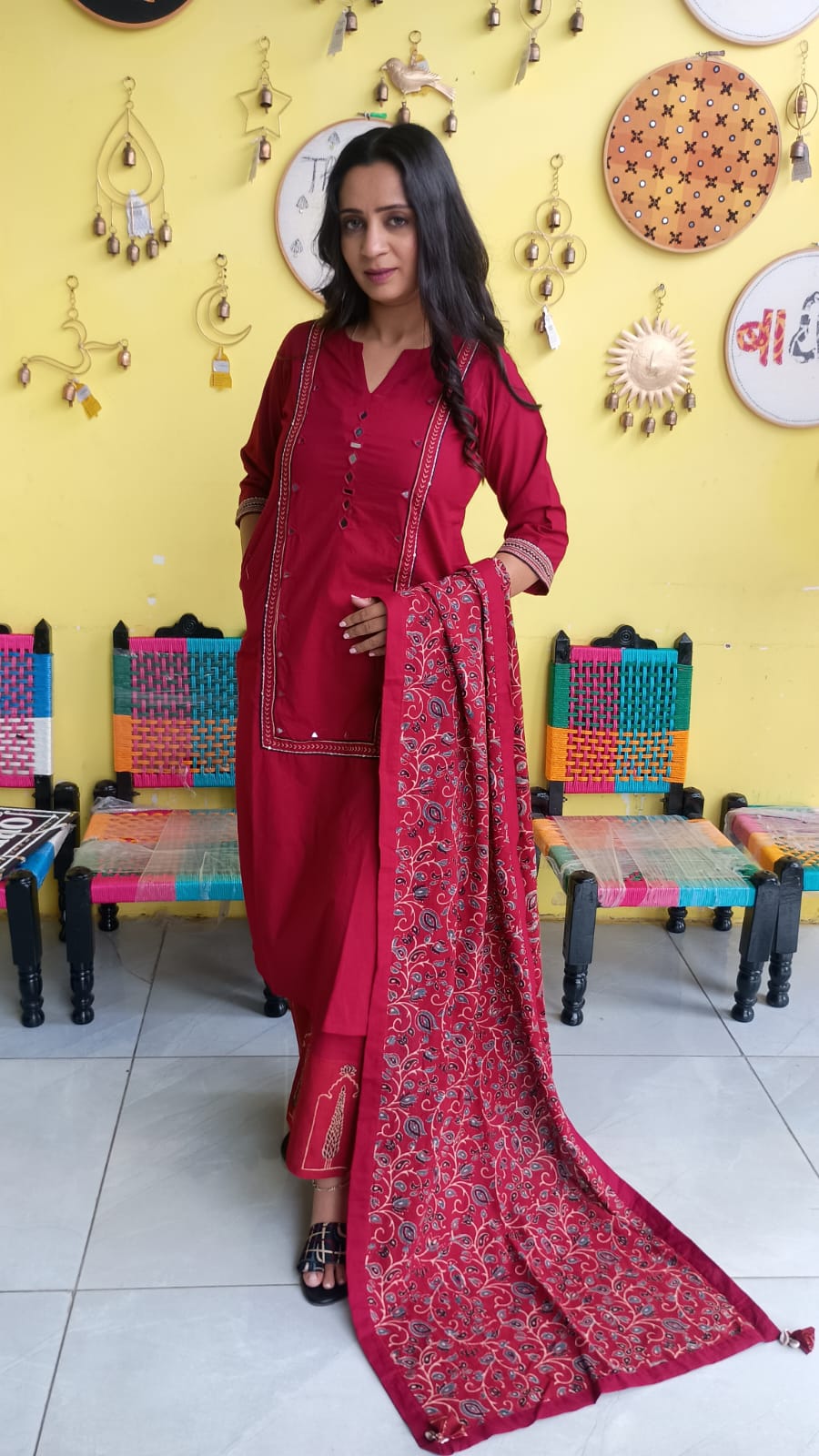 "Anika"Plain cotton mirror work kurti pant set with natural cotton dupatta