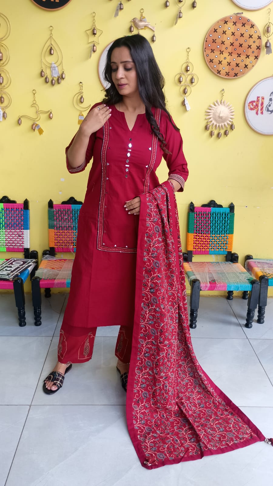 "Anika"Plain cotton mirror work kurti pant set with natural cotton dupatta