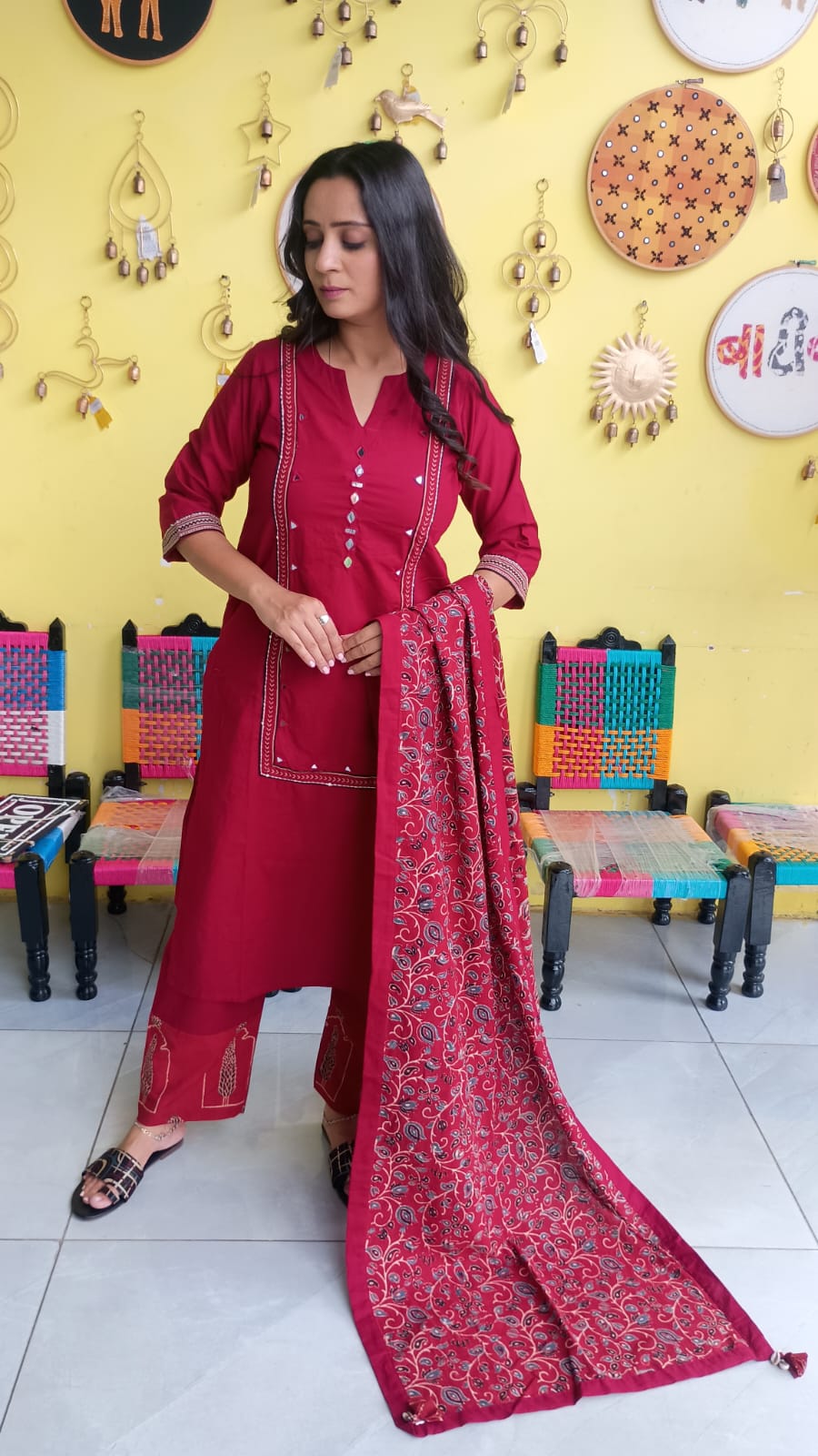 "Anika"Plain cotton mirror work kurti pant set with natural cotton dupatta