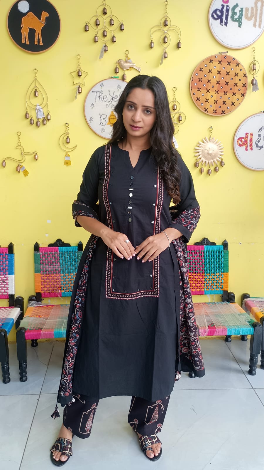 "Anika" Black cotton mirror work kurti pant set with natural cotton dupatta