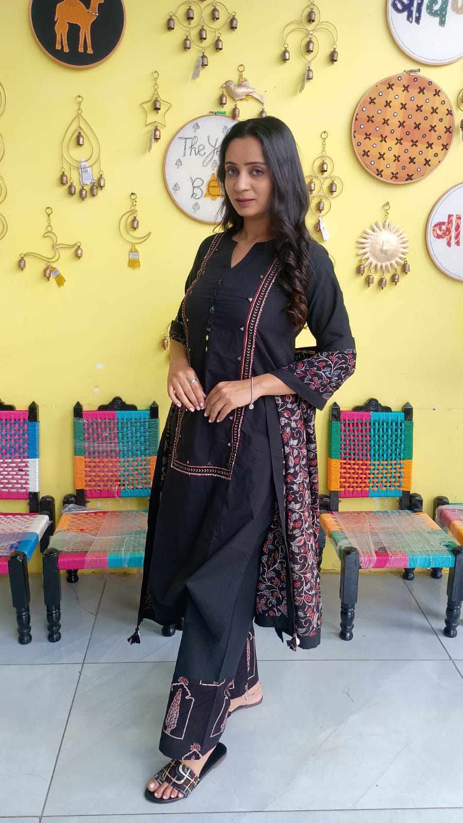 "Anika" Black cotton mirror work kurti pant set with natural cotton dupatta
