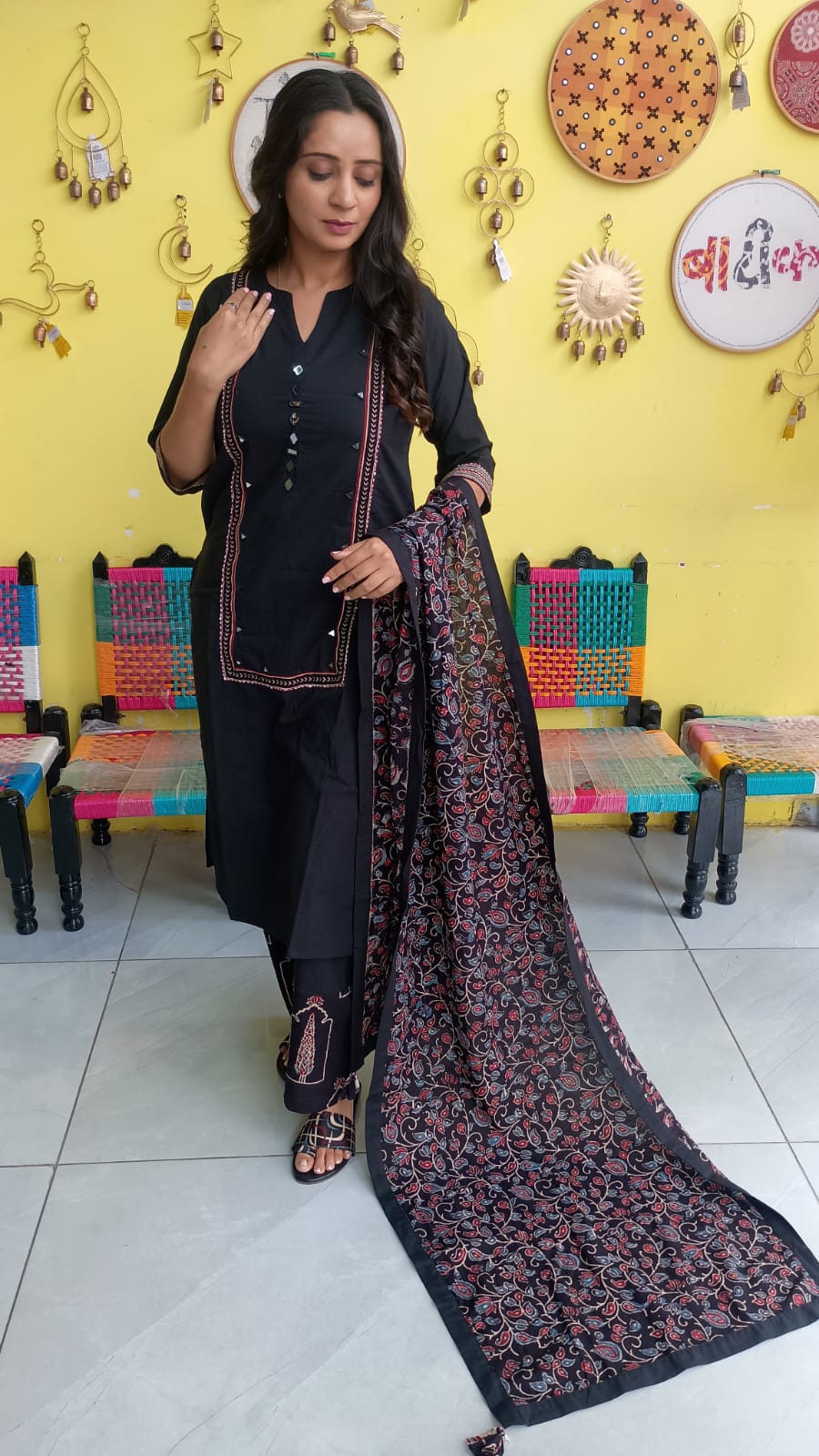 "Anika" Black cotton mirror work kurti pant set with natural cotton dupatta