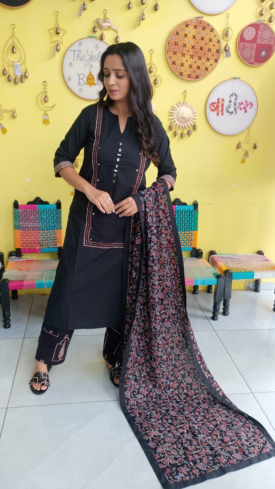 "Anika" Black cotton mirror work kurti pant set with natural cotton dupatta