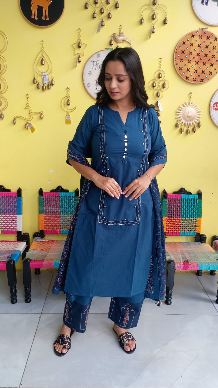 "Anika" Blue cotton mirror work kurti pant set with natural cotton dupatta