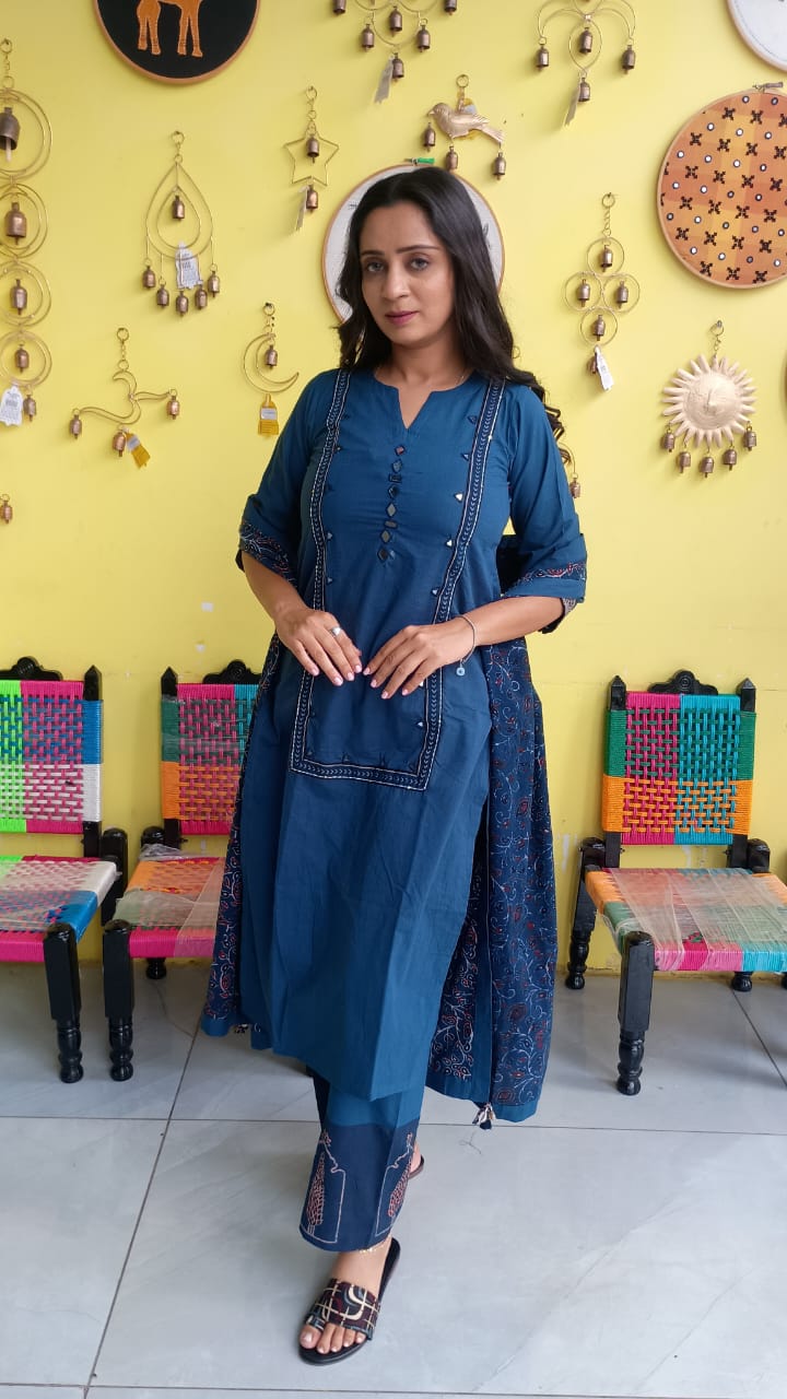 "Anika" Blue cotton mirror work kurti pant set with natural cotton dupatta