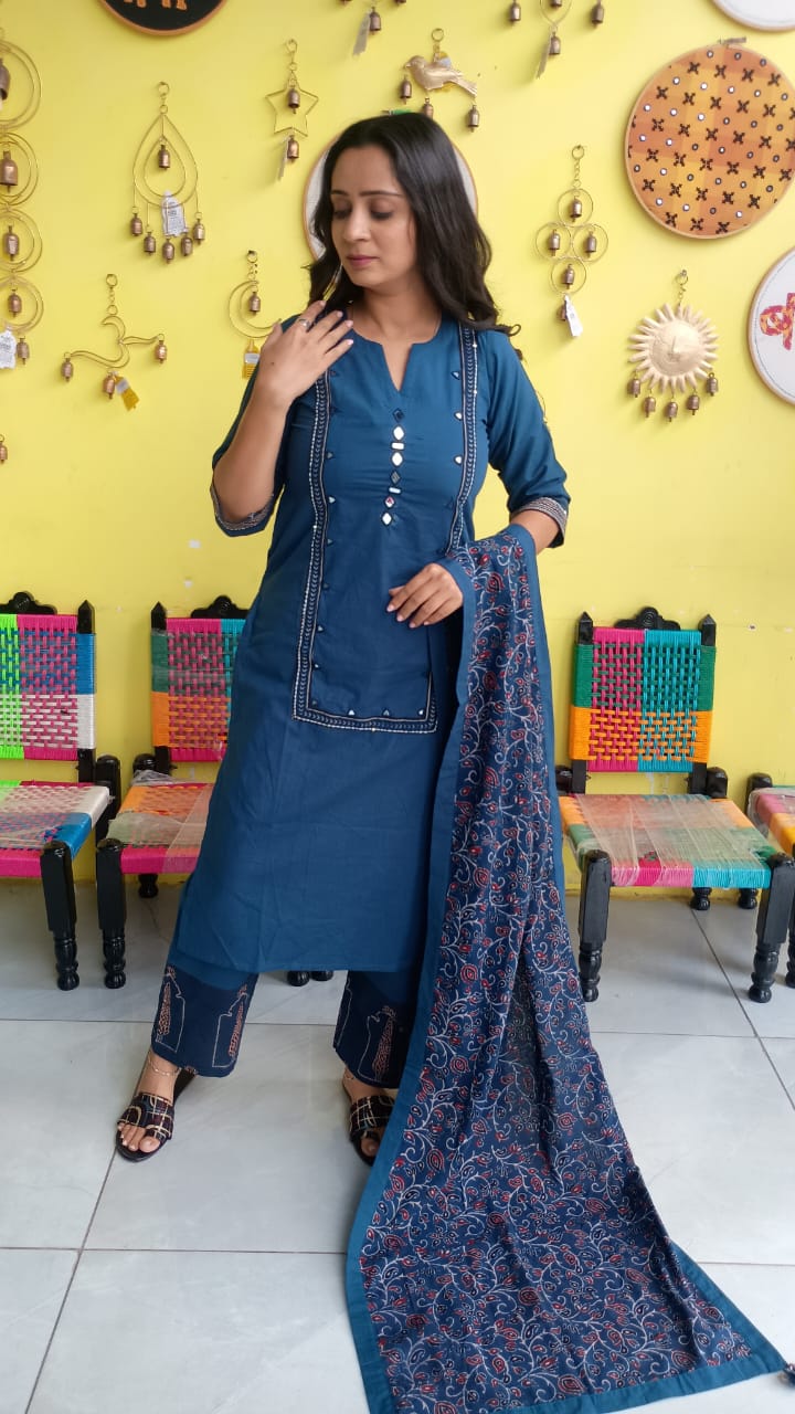 "Anika" Blue cotton mirror work kurti pant set with natural cotton dupatta