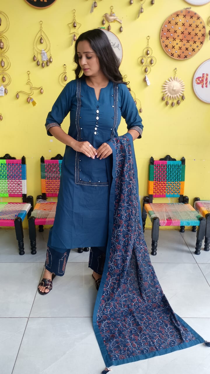 "Anika" Blue cotton mirror work kurti pant set with natural cotton dupatta