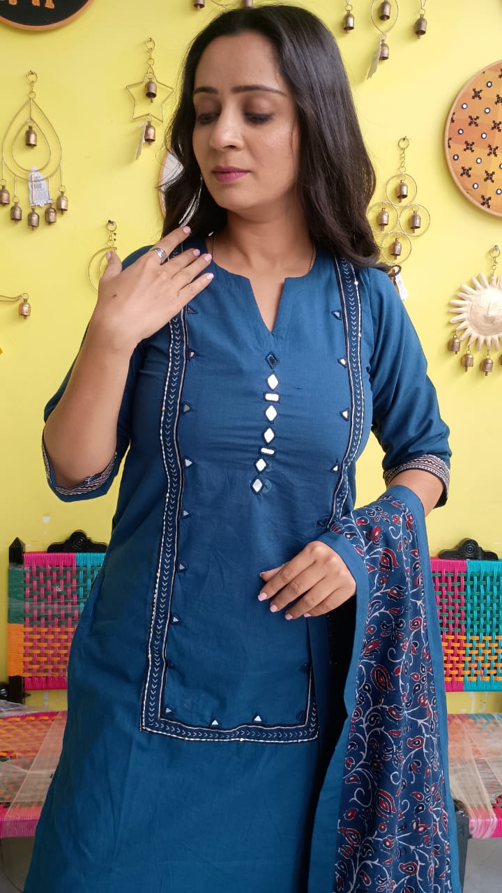 "Anika" Blue cotton mirror work kurti pant set with natural cotton dupatta