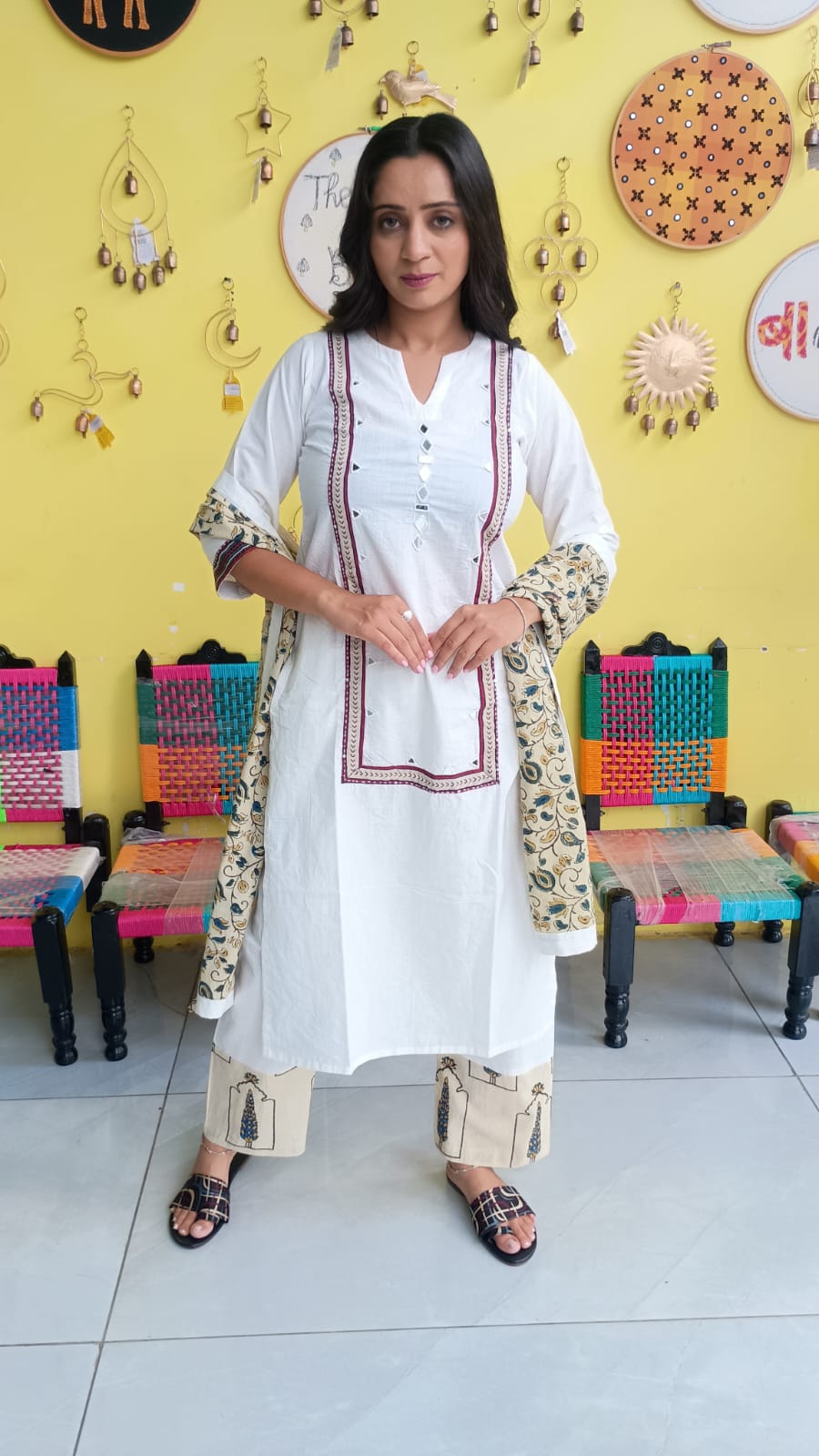 "Anika" White cotton mirror work kurti pant set with natural cotton dupatta