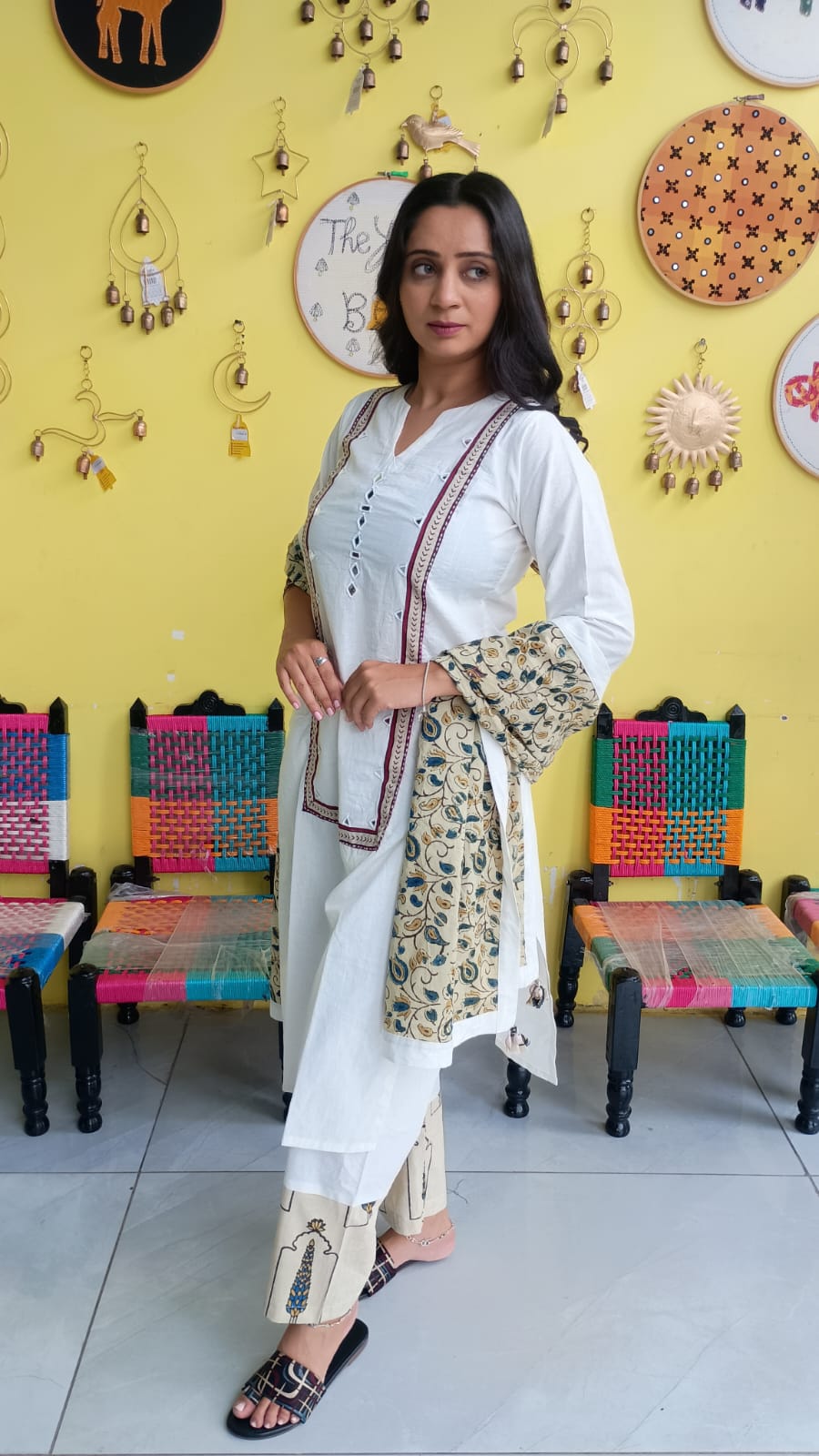 "Anika" White cotton mirror work kurti pant set with natural cotton dupatta