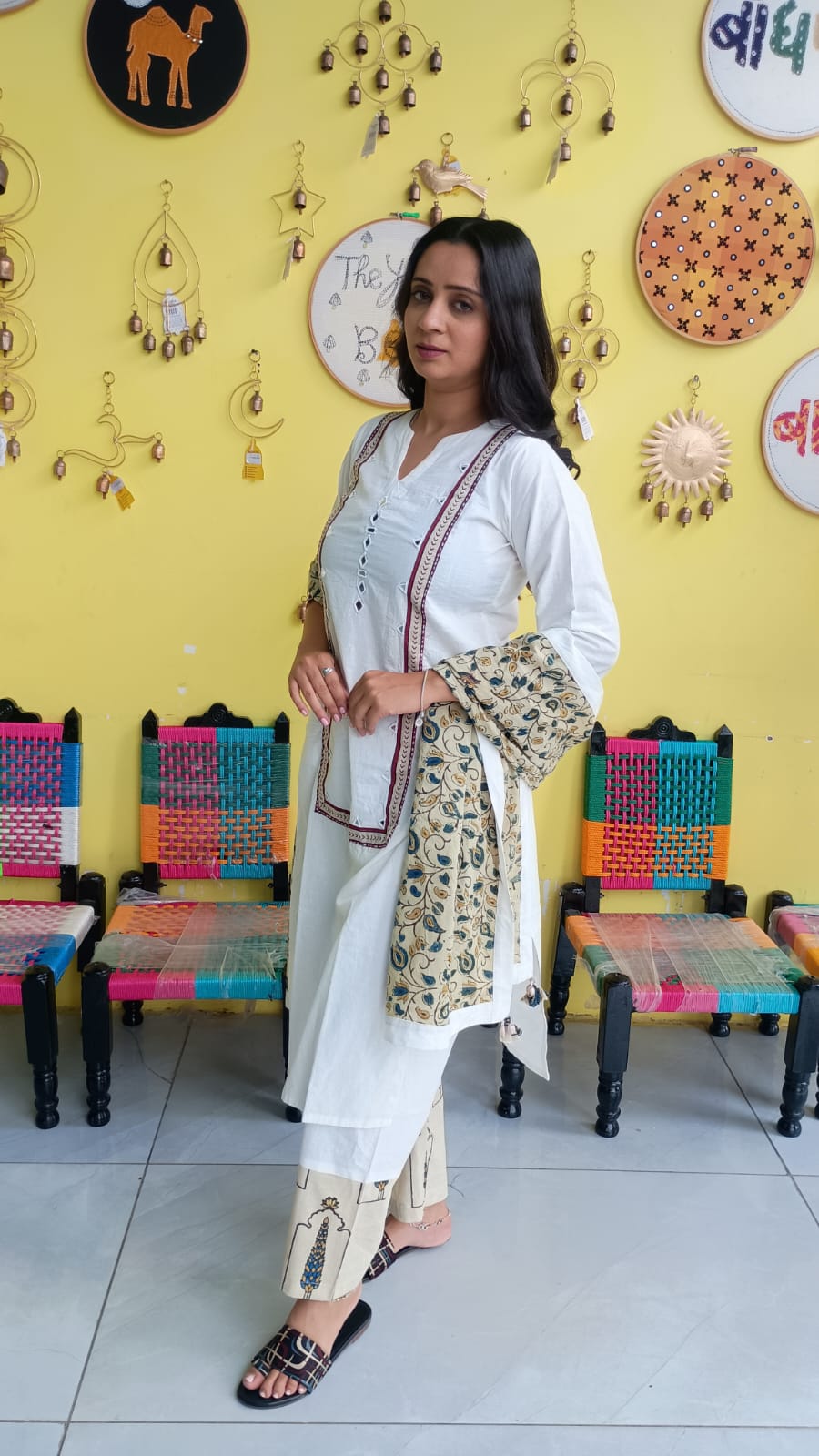 "Anika" White cotton mirror work kurti pant set with natural cotton dupatta