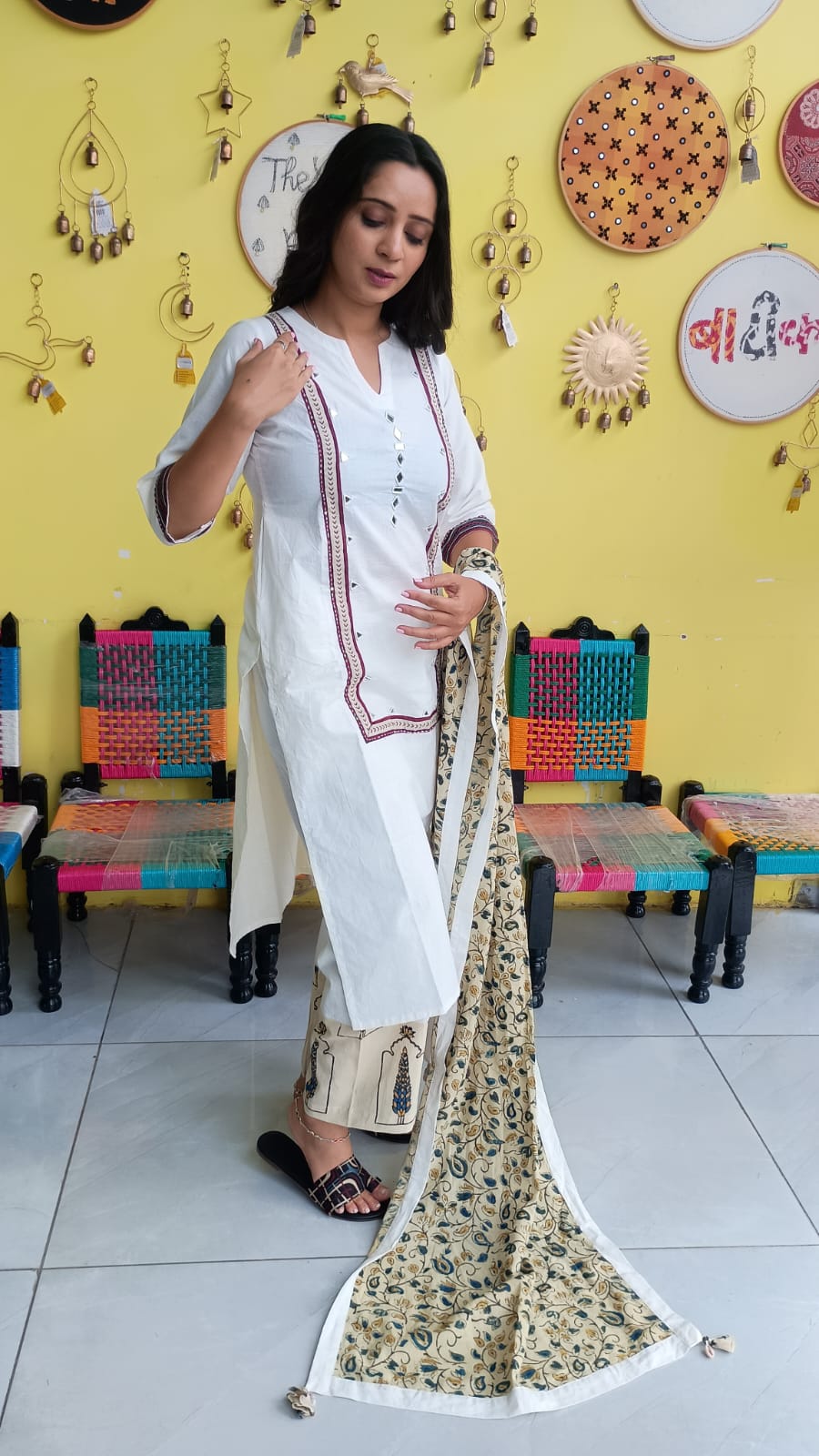 "Anika" White cotton mirror work kurti pant set with natural cotton dupatta