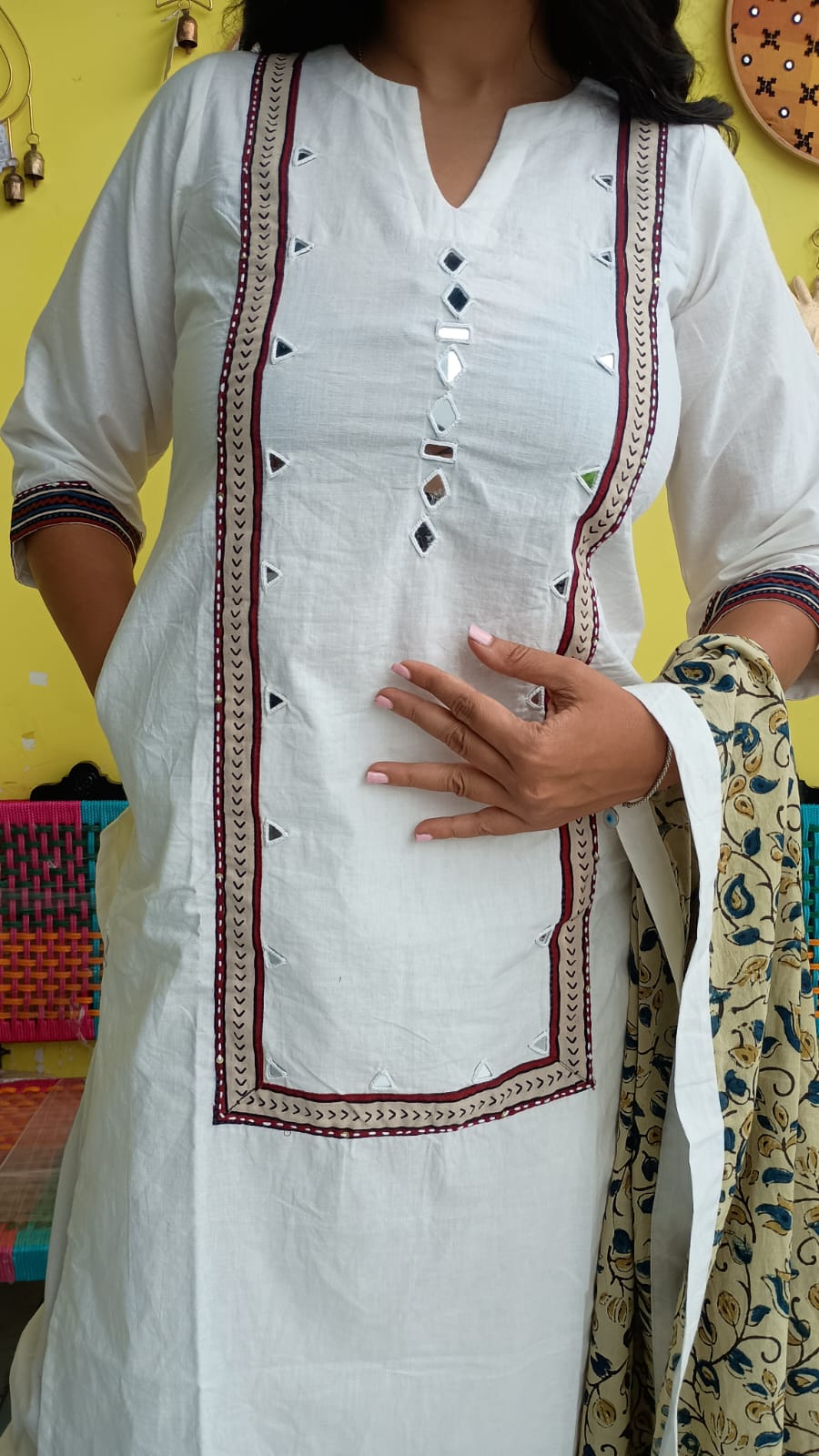 "Anika" White cotton mirror work kurti pant set with natural cotton dupatta
