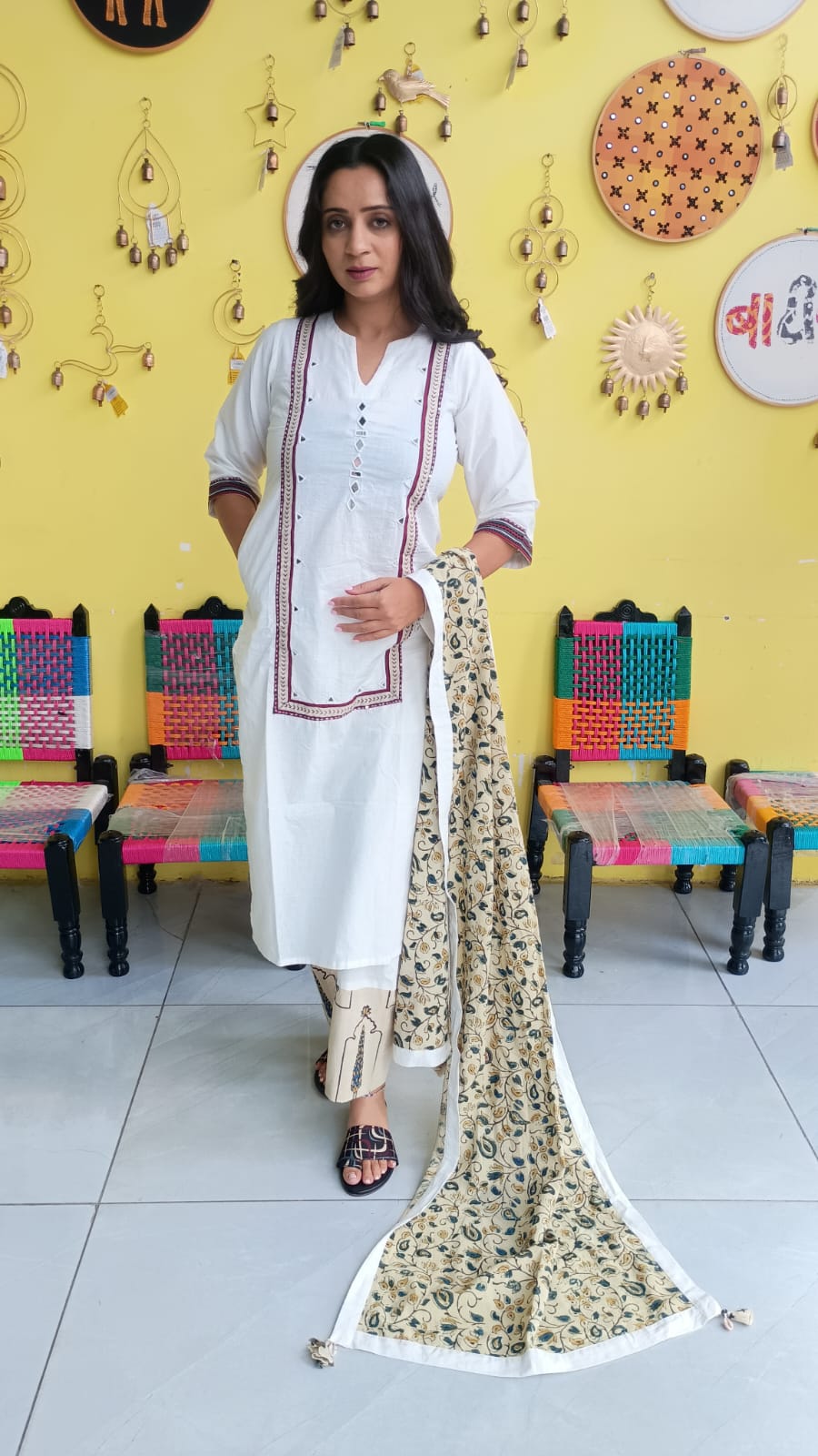 "Anika" White cotton mirror work kurti pant set with natural cotton dupatta