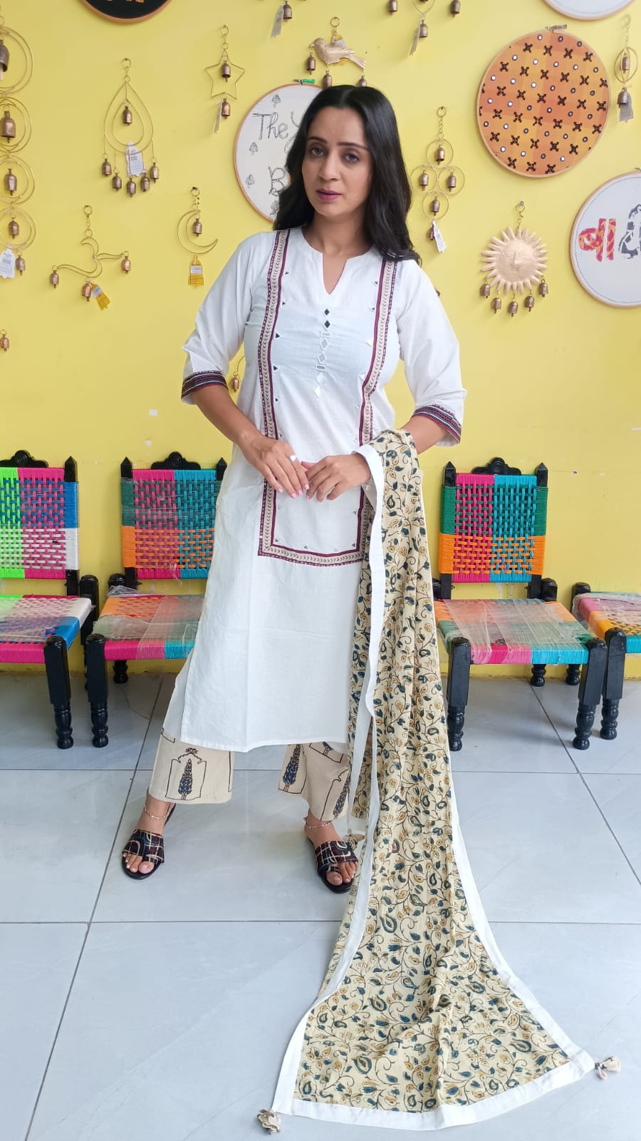 "Anika" White cotton mirror work kurti pant set with natural cotton dupatta