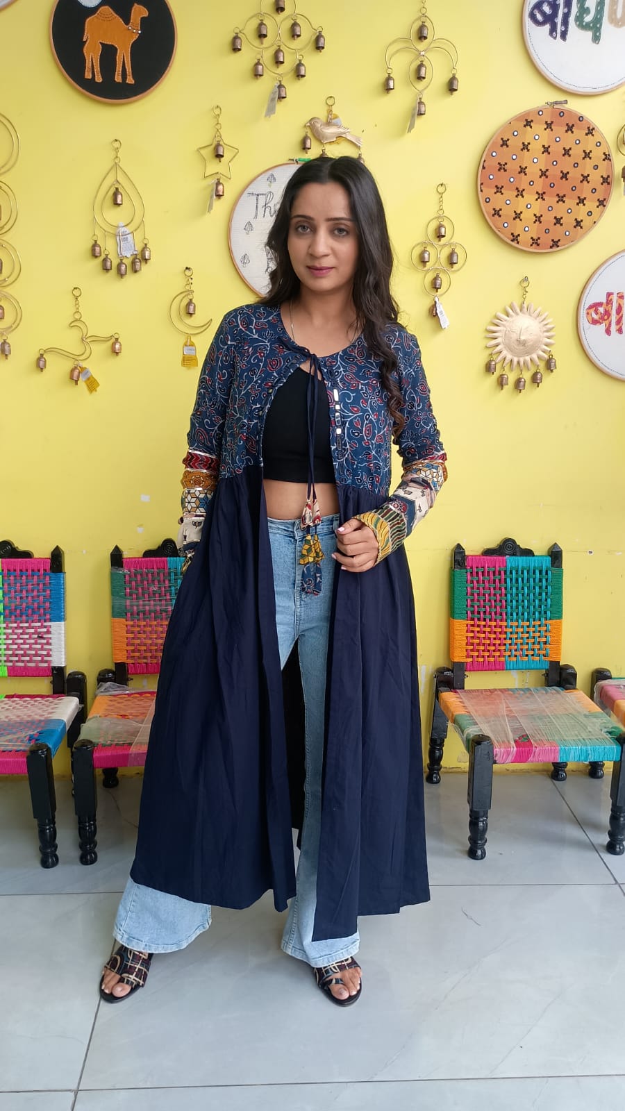 "Ishani"Blue natural cotton long mirror work jacket