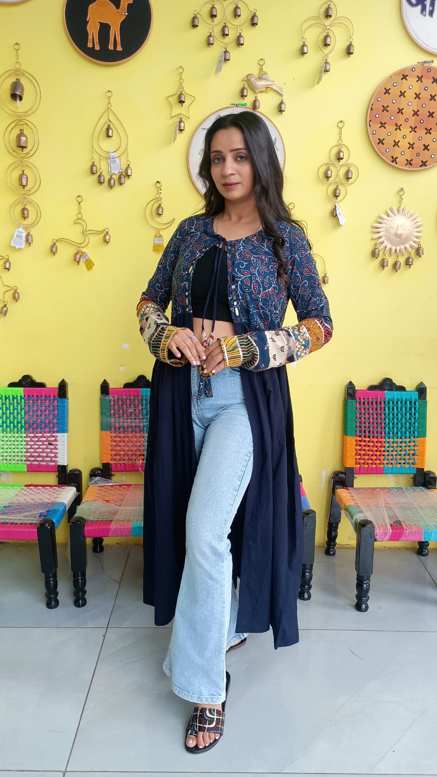 "Ishani"Blue natural cotton long mirror work jacket