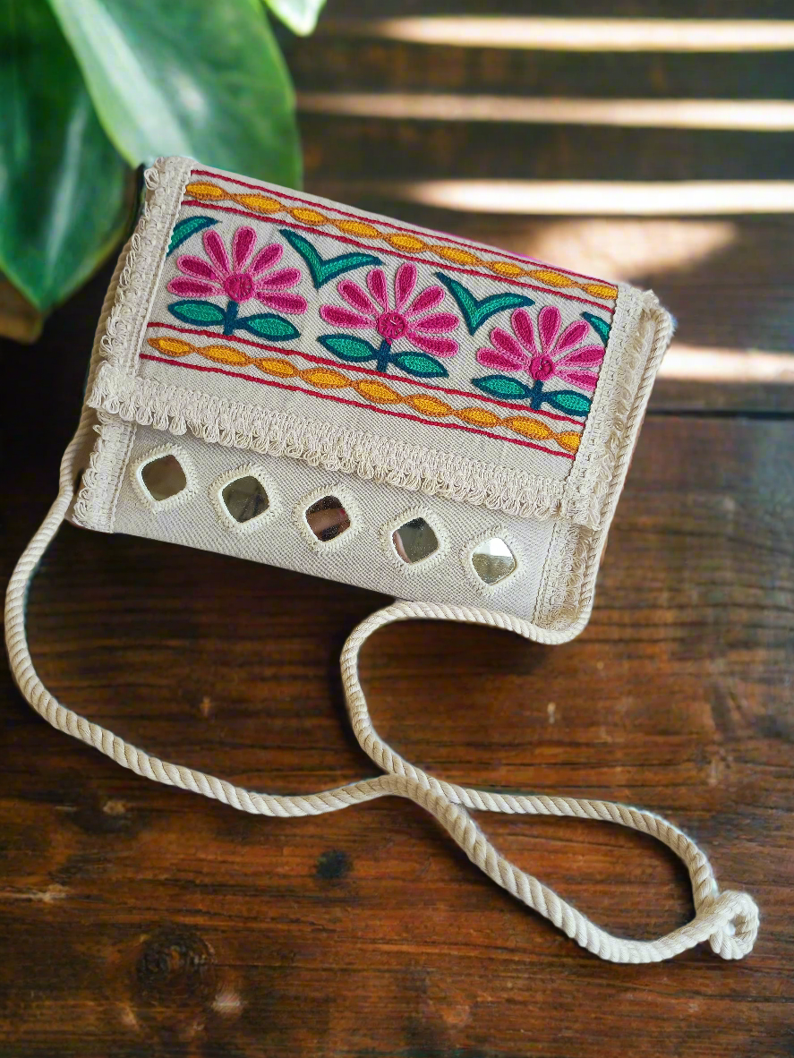 *Navita* khadi cotton mirror work sling bag