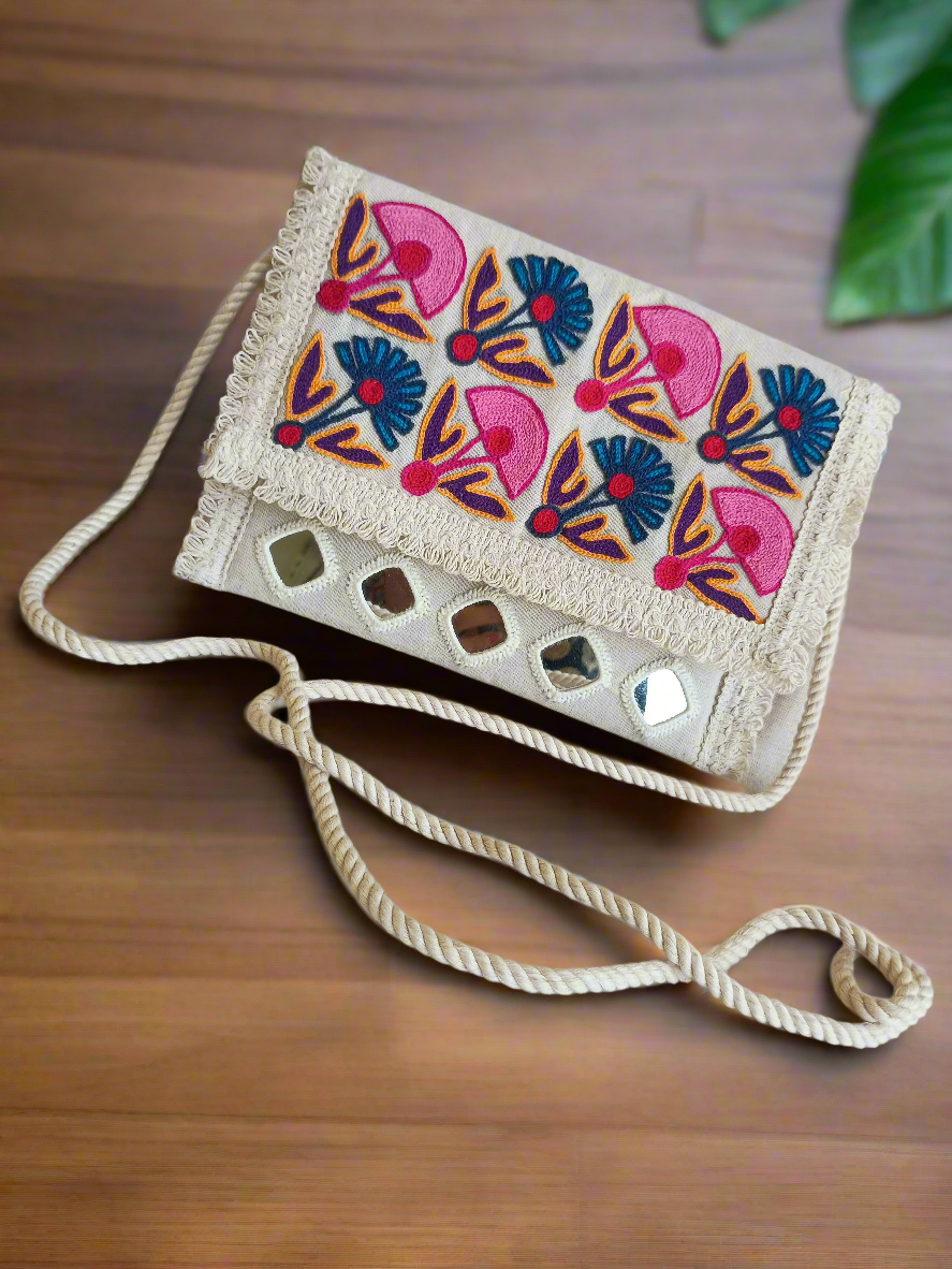 *Navita* khadi cotton mirror work sling bag