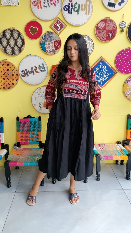 "Pratiti" Black Plain cotton natural patch frock style kurti