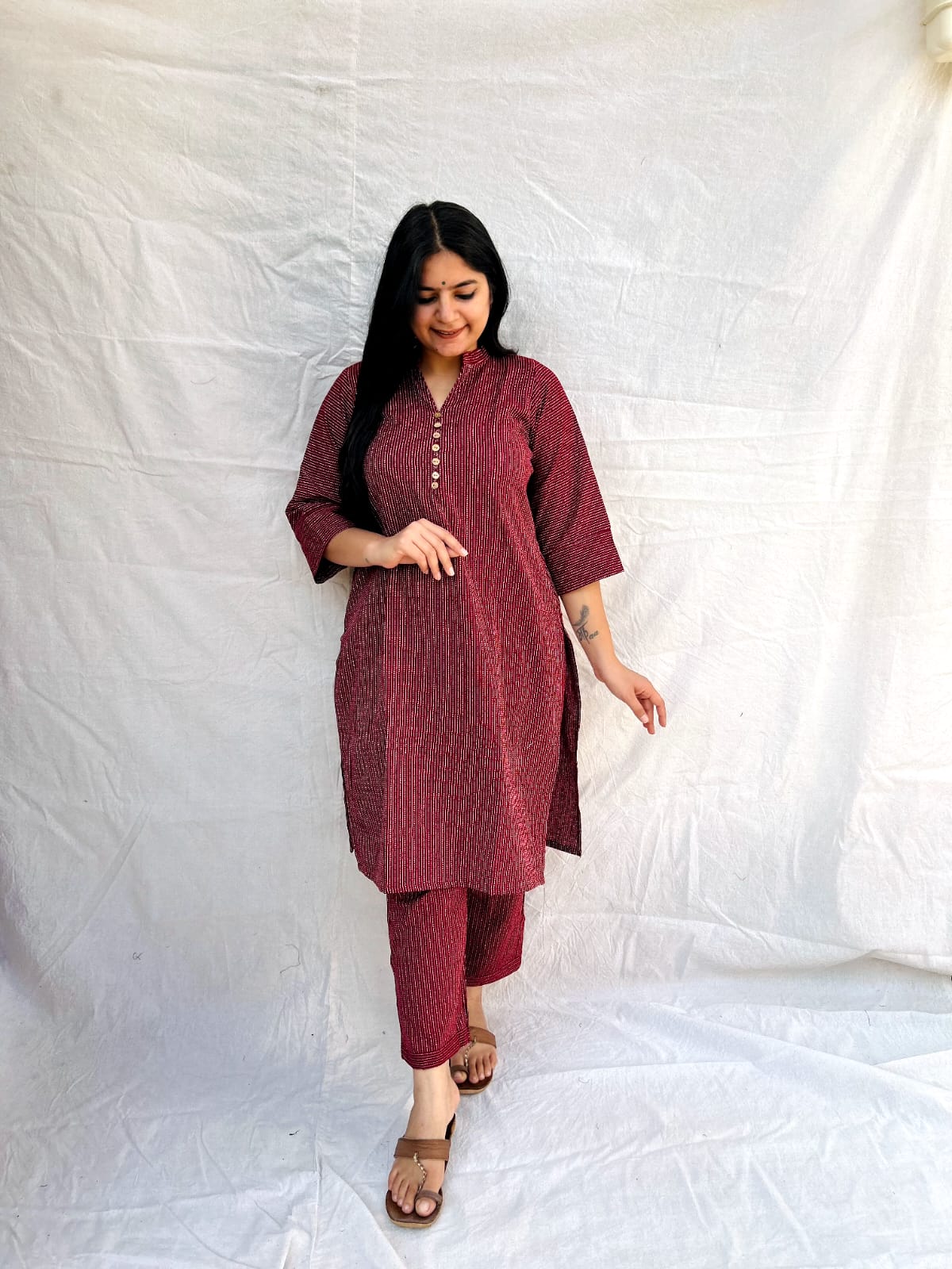 MAROON KATHA COTTON CO-ORD SET